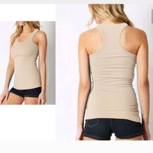 Beige Racerback solid lowcut tank top Long Stretchy Shirt